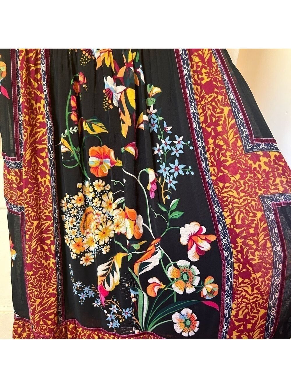 NEW Anthropologie Black Motif Boho Floral Velvet Trim Midi Dress Sz OUS Lined - Picture 5 of 14